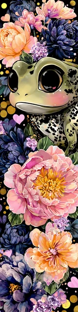 Free kawaii frog bookmark featuring a peeking kawaii frog with big flowers